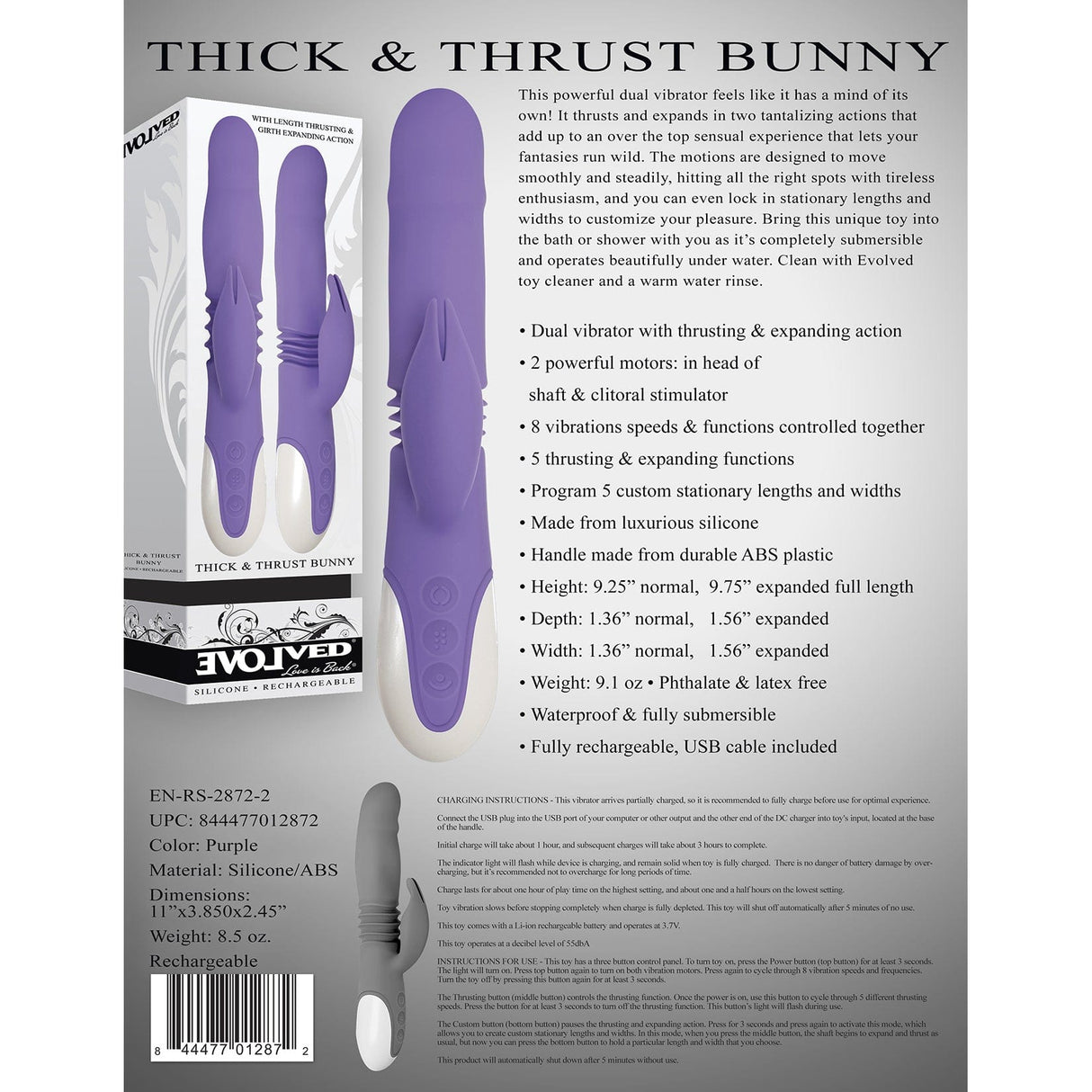 Evolved - Thick and Thrust Bunny Silicone Rechargeable Rabbit Vibrator (Purple) Rabbit Dildo (Vibration) Rechargeable