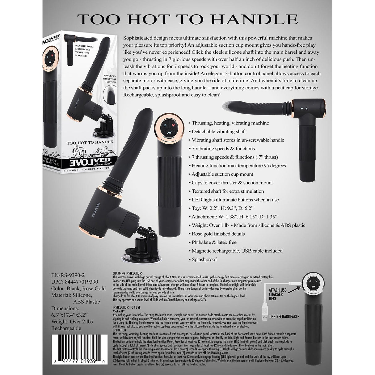 Evolved - Too Hot to Handle Mountable Thrusting Sex Machine (Black) Non Realistic Dildo w/o suction cup (Vibration) Rechargeable