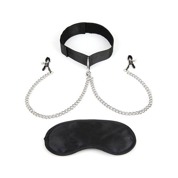 Lux Fetish - Collar and Nipple Clamps with Adjustable Pressure Clam (Black) Nipple Clamps (Non Vibration)